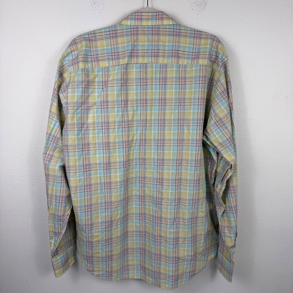 Bugatchi Mens Classic Fit Plaid Button Down Shirt Yellow Green Flamingo Large - Picture 2 of 9